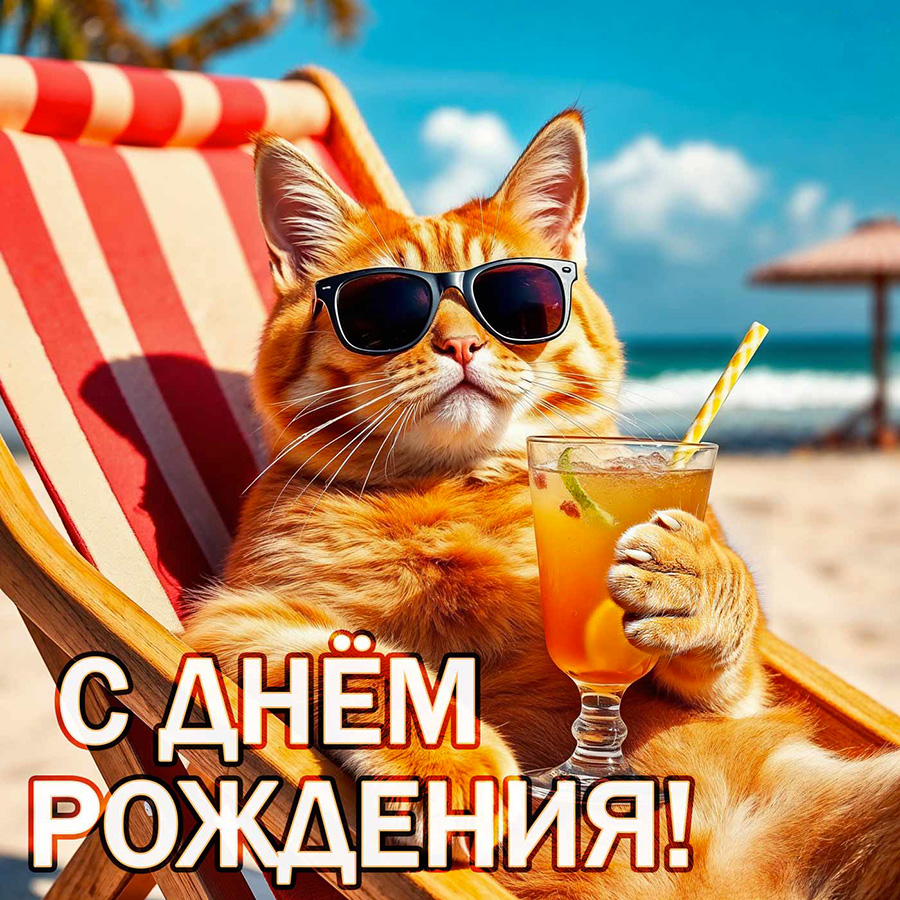 Прикольная открытка с котом, отдыхающим на лежаке на пляже